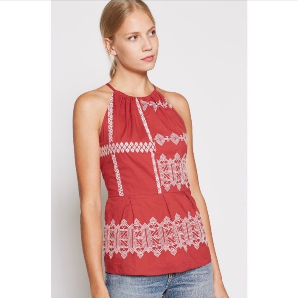 NWT Joie Konomi Top Size 4 Embroidered Halter Sleeveless Tank Peplum Brick Red